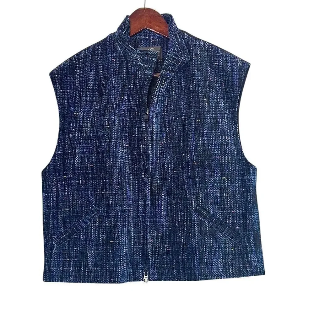 Bibi Stein Handwoven Jacket & Vest Set Navy Textured Full Zip Artisan Designer